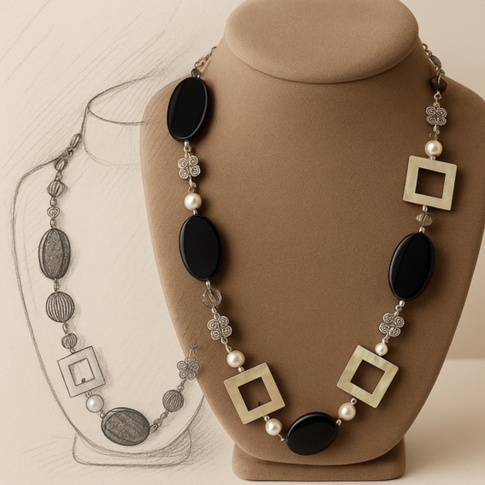 Premier Designs MODERN ART Necklace —Geometric Black & Silver Statement 33” #065